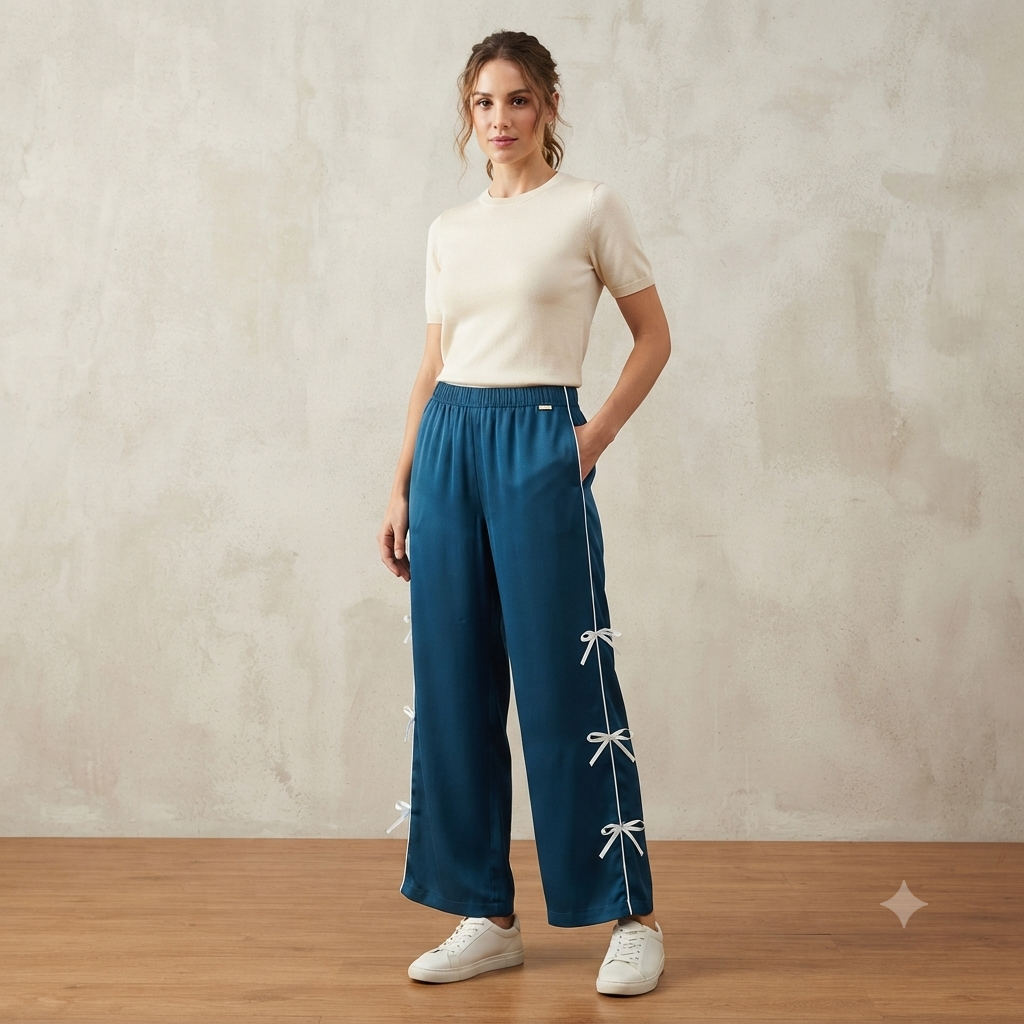 Chic Side-Piping Bow Accent Wide-Leg Track Pants / Lowers