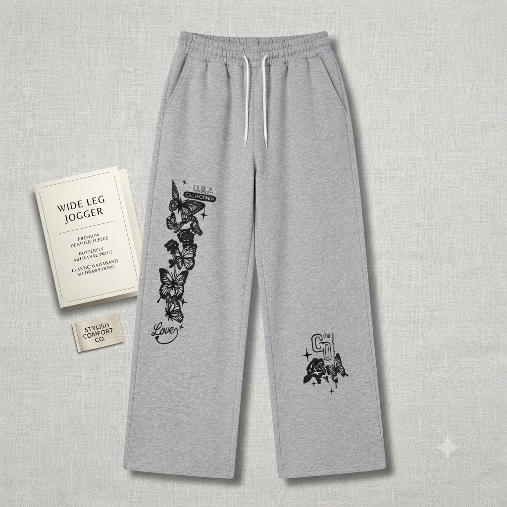 Women’s Wide Leg Butterfly Printed Grey Joggers | High-Waisted Fleece Lounge Pants
