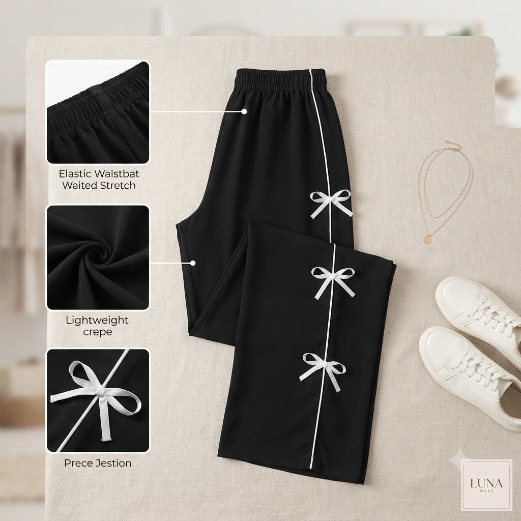 Stylish High-Waist Wide-Leg Lower for Women – Black with White Bow Accent