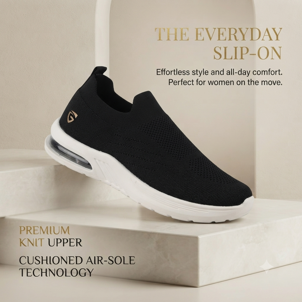 Women's Black Slip-On Comfort Walking Shoes