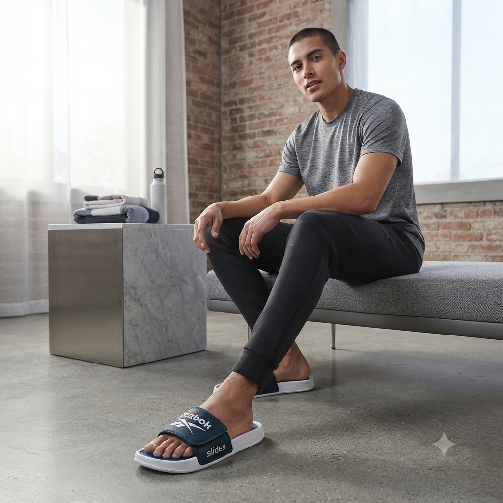 Men’s Premium Sports Slide Sandals – Stylish Blue & White Casual Slippers | Lightweight Comfort Footwear