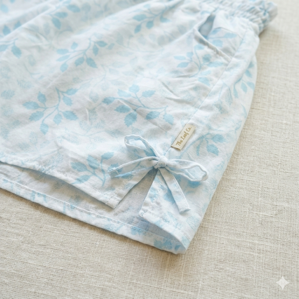 Blue Leaf Print Lounge Shorts with Side Bows