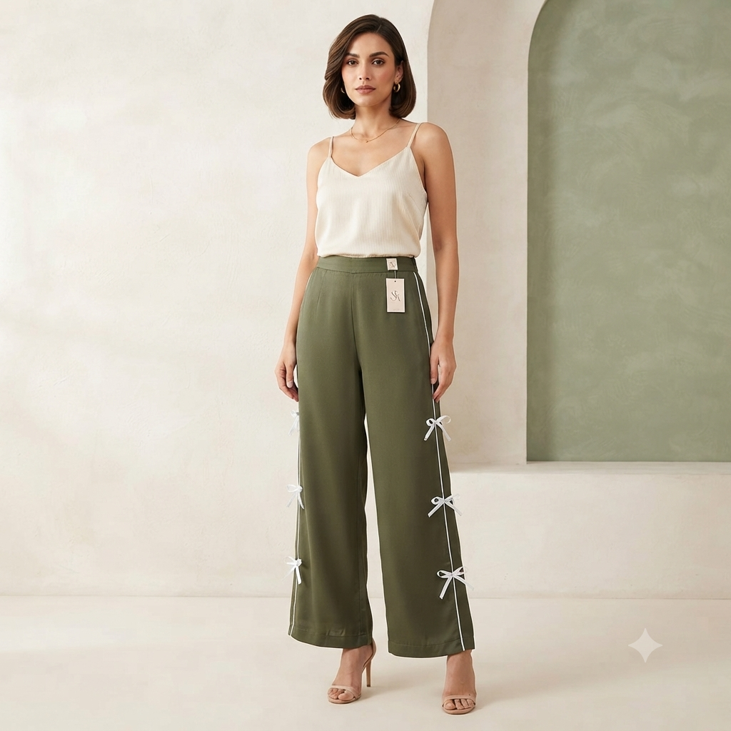 Women's Olive Green Wide-Leg Trousers with White Side Bow Accents
