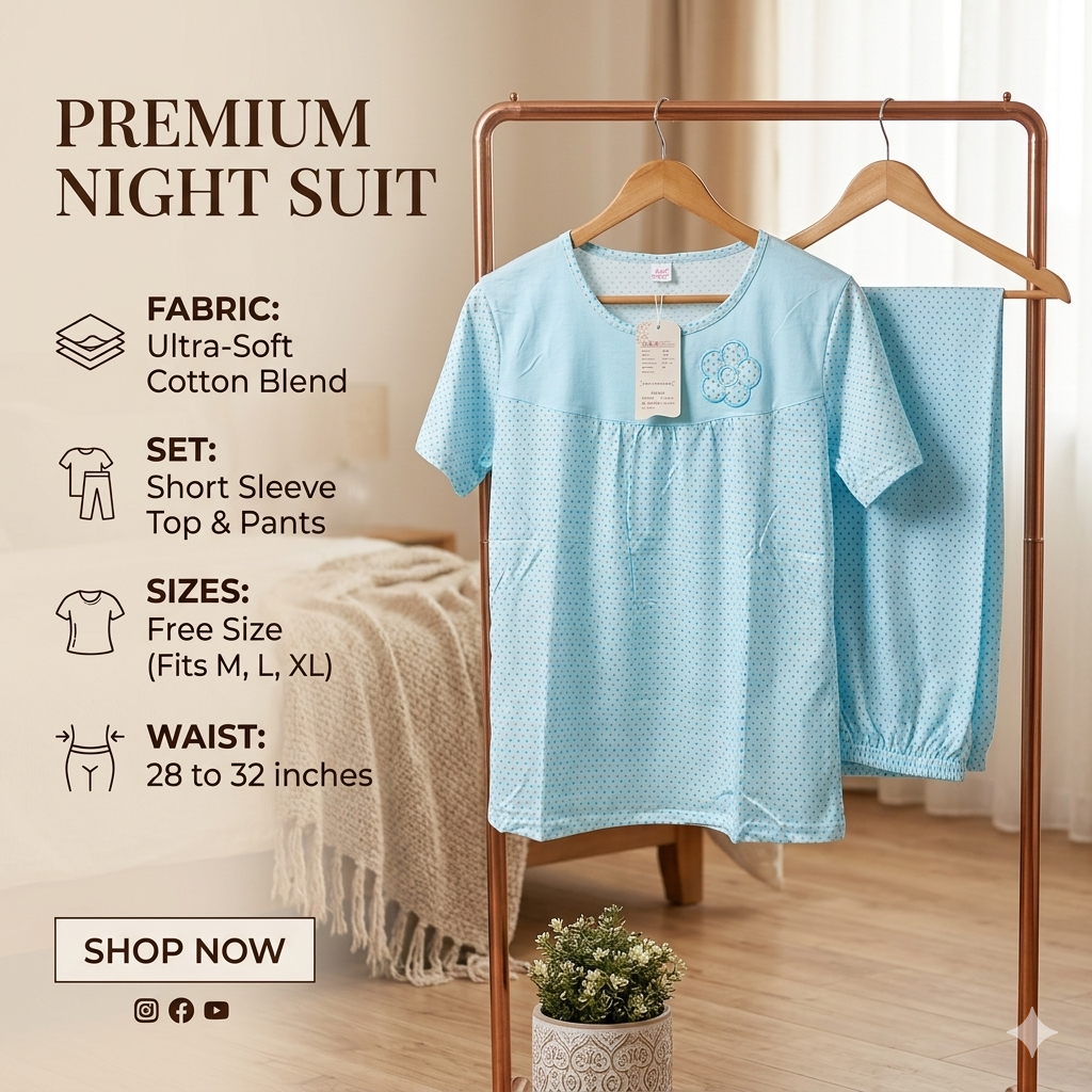 Women's Light Blue Polka Dot Cotton-Blend Nightsuit Set – Short Sleeve Top & Pajama Pants