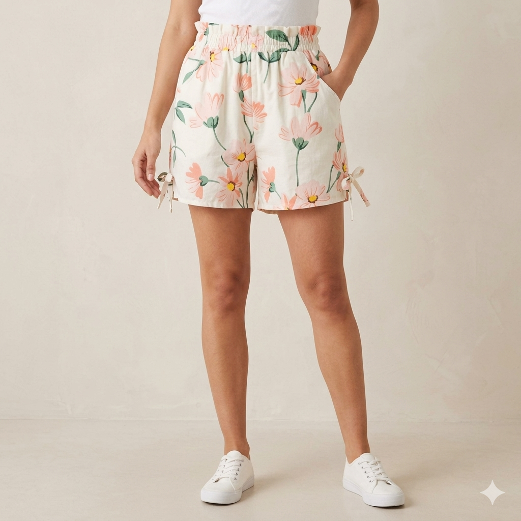 Blossom Floral Drawstring Summer Shorts – Cream & Peach Side-Tie Shorts
