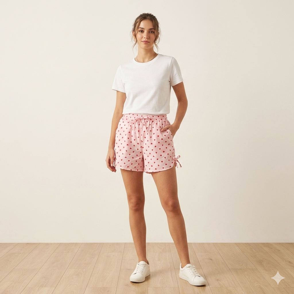 Blush Heart-Print Lounge Shorts with Side-Tie Detailing