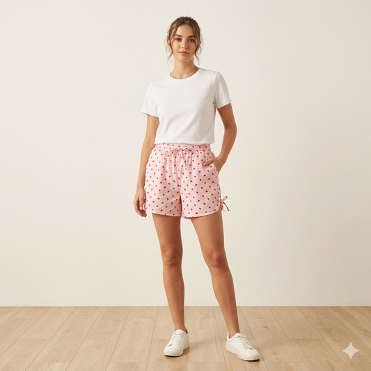 Blush Heart-Print Lounge Shorts with Side-Tie Detailing