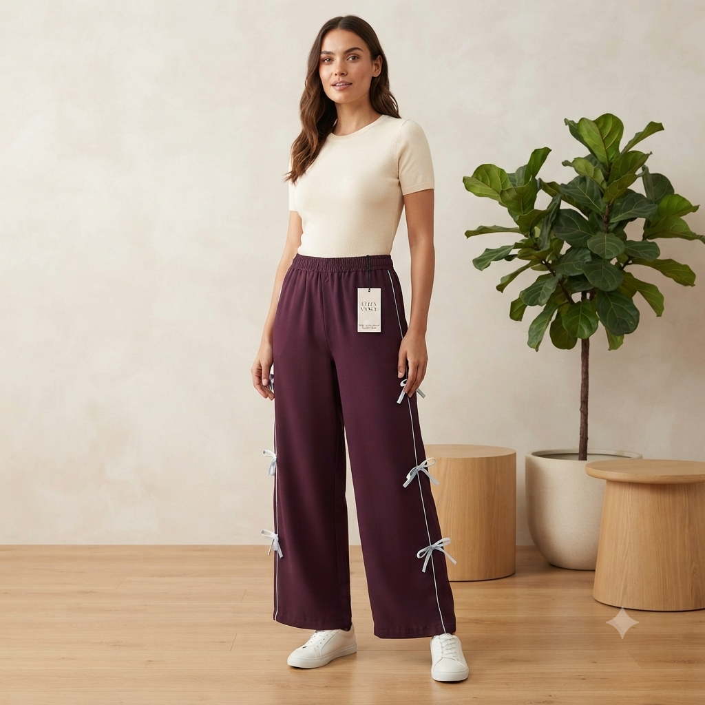 Trendy Bow Accent Wide-Leg Trousers for Women – Deep Wine