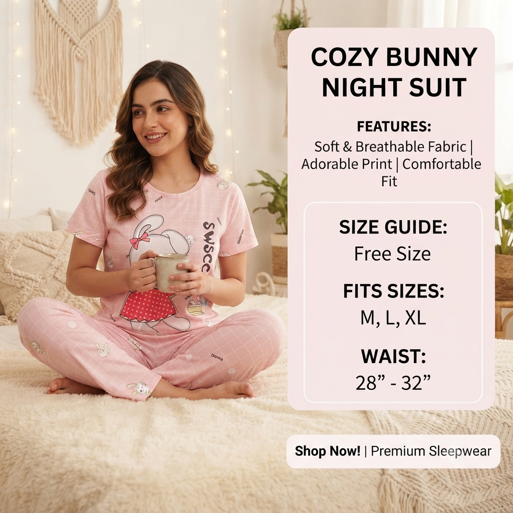 Women’s Cozy Bunny Print Cotton Nightsuit Set – Short Sleeve Top & Pajama Set