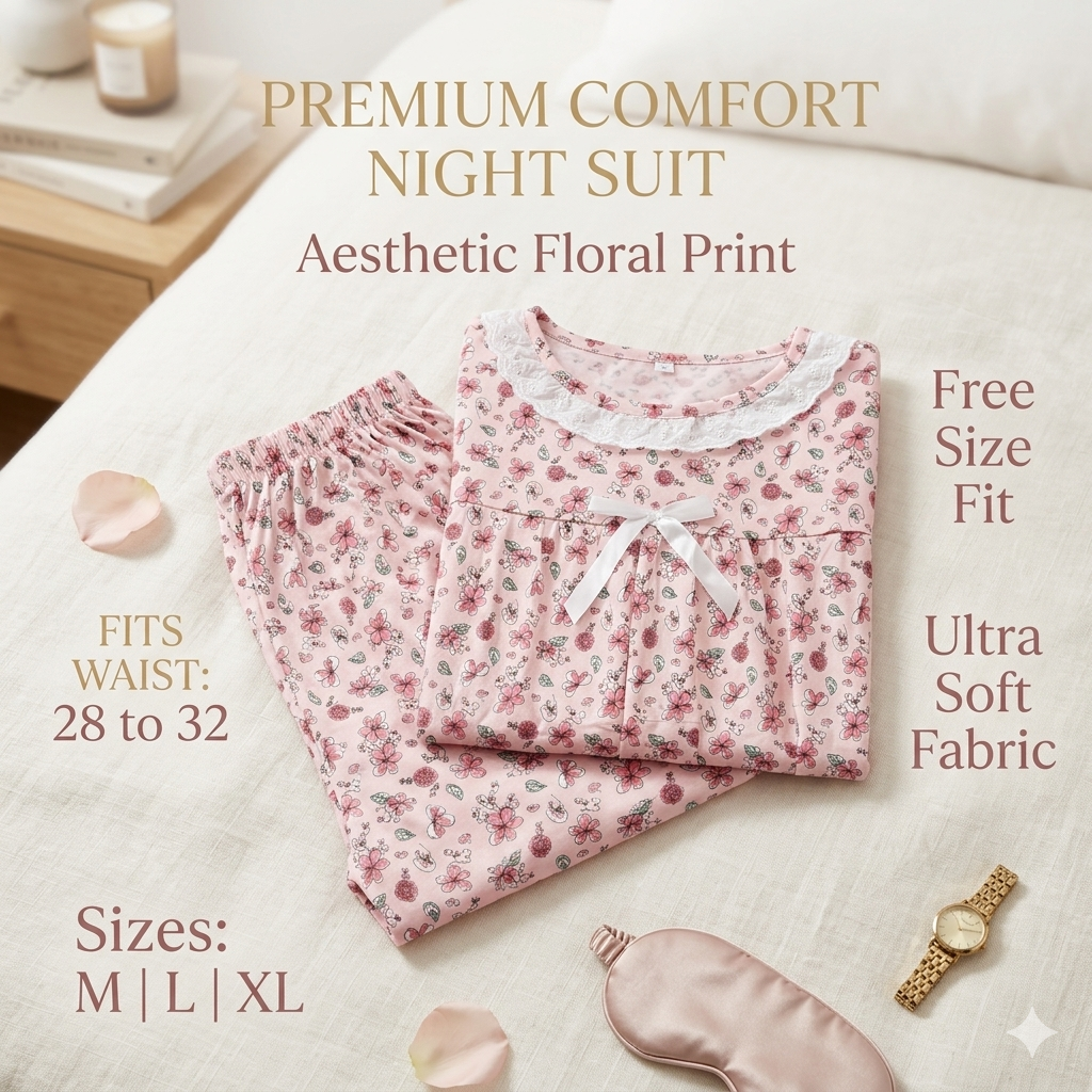 Women’s Floral Print Cotton Blend Nightsuit Set – Short Sleeve Top & Pyjama