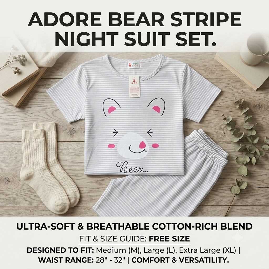 Women’s Cozy Bear Print Cotton-Blend Nightsuit | Soft Striped T-Shirt & Pyjama Lounge Set