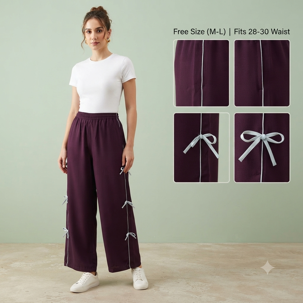 Trendy Bow Accent Wide-Leg Trousers for Women – Deep Wine