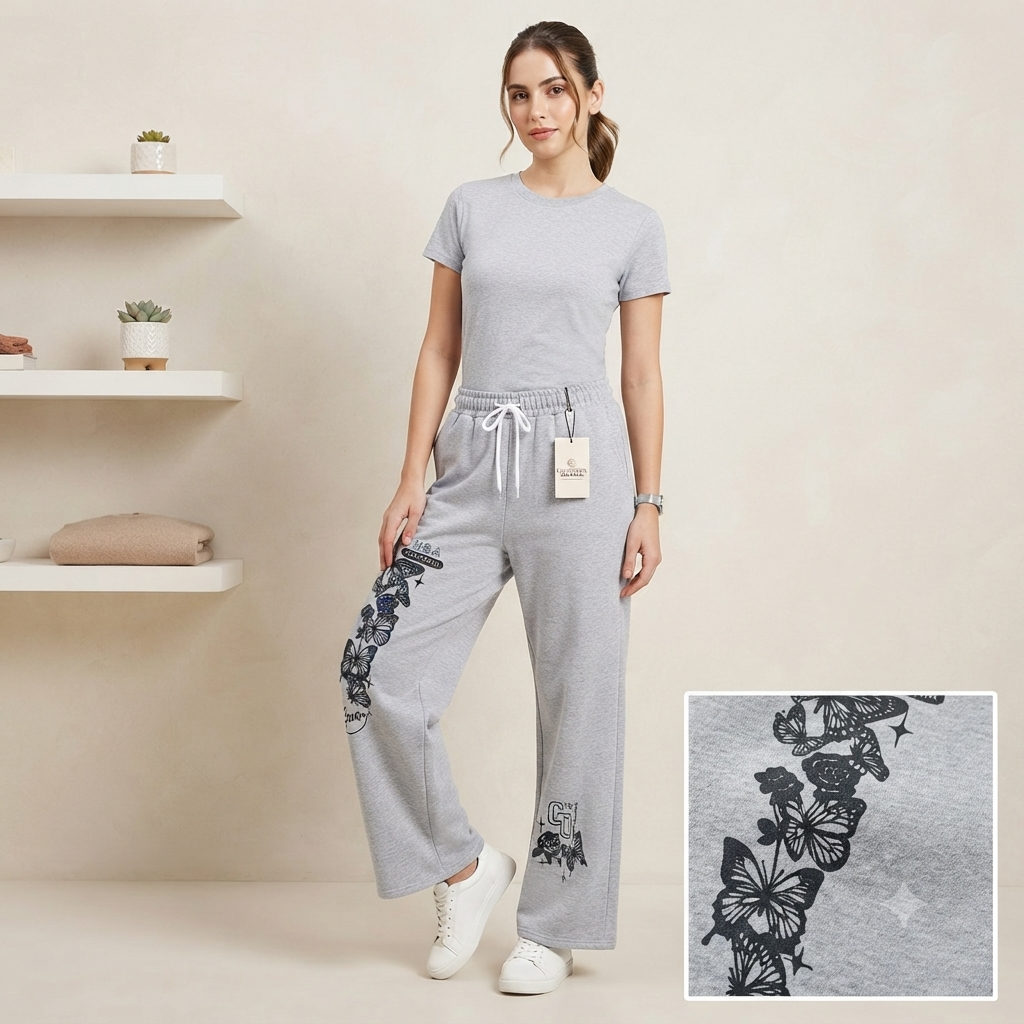 Women’s Wide Leg Butterfly Printed Grey Joggers | High-Waisted Fleece Lounge Pants