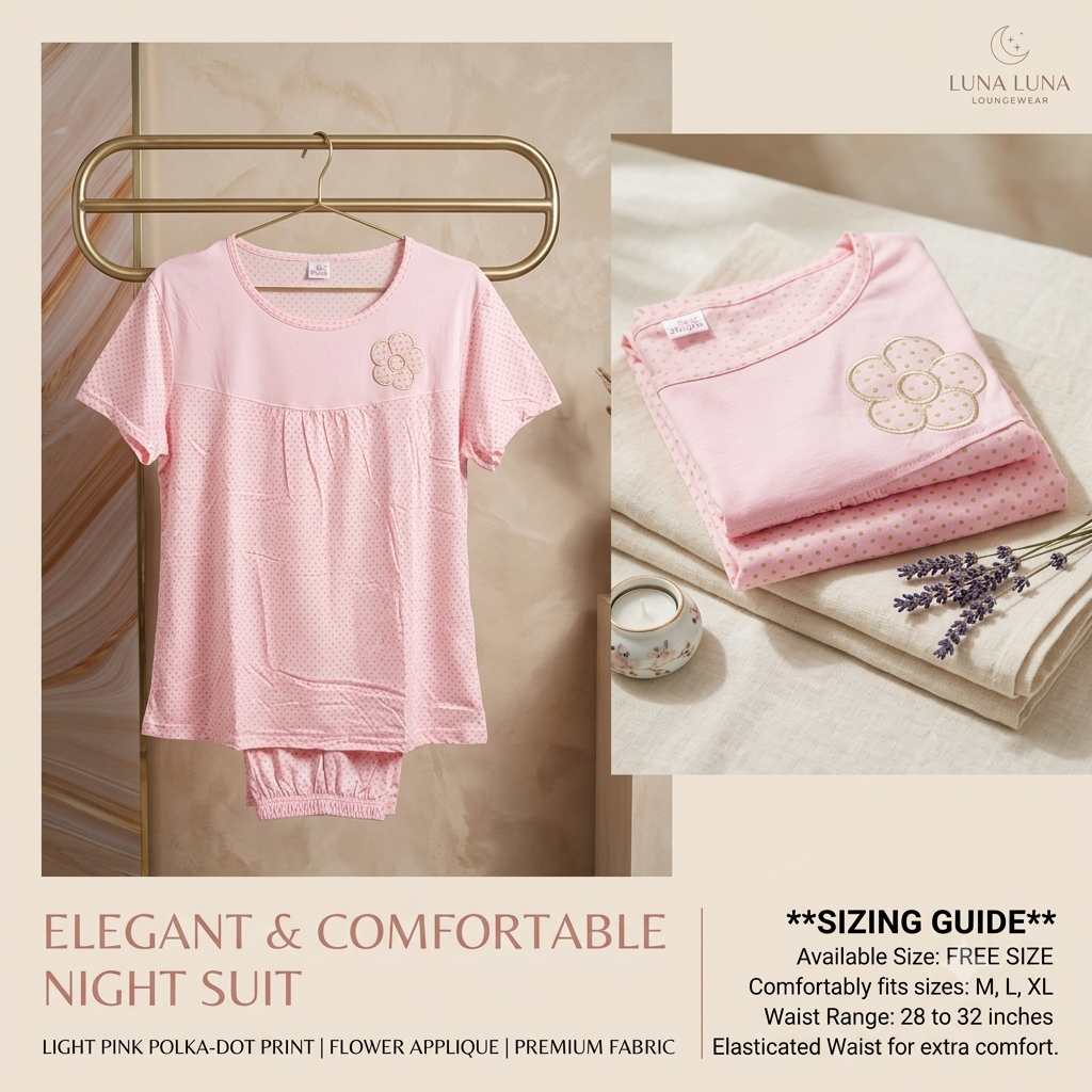 Women's Soft Cotton Polka Dot Nightsuit Set – Short Sleeve Top & Pajamas (Free Size)