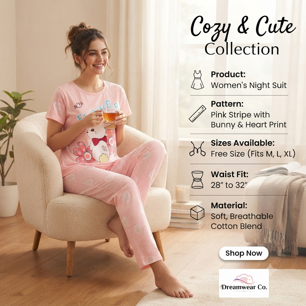 Women's Pink Striped Cotton Blend Nightsuit Set – Cute Bunny & Flower Print Top with Pyjamas