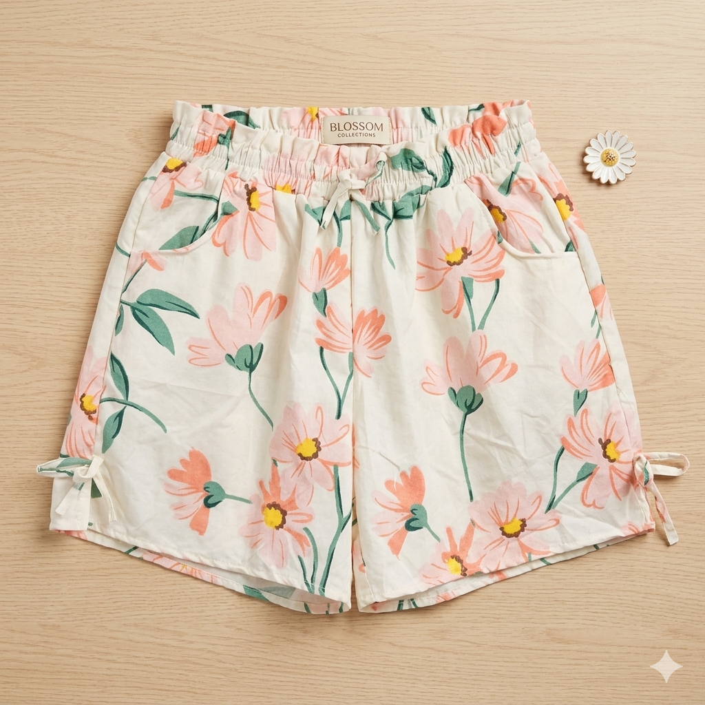 Blossom Floral Drawstring Summer Shorts – Cream & Peach Side-Tie Shorts