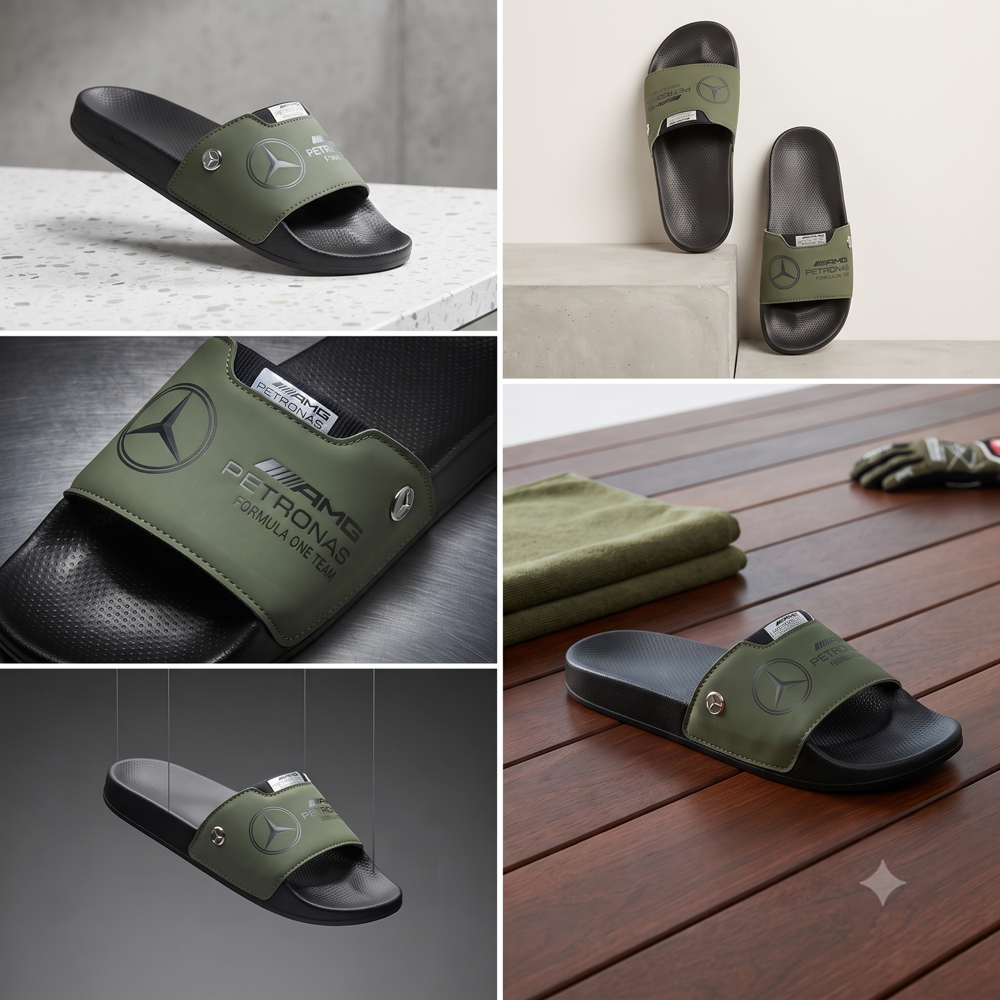 Mercedes-AMG Petronas F1 Team Motorsport Men's Comfort Slides / Slippers (Olive Green & Black)