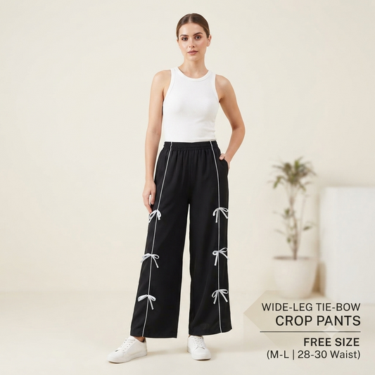 Stylish High-Waist Wide-Leg Lower for Women – Black with White Bow Accent