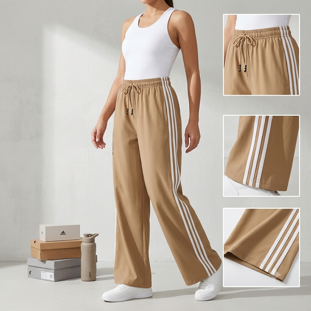 Women's Relaxed-Fit Wide-Leg Lower with Contrast Side Stripes (Beige)