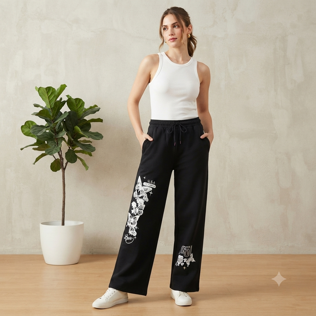 Women’s Black Loose Fit Graphic Printed Sweatpants | Stylish Elastic Waist Trousers