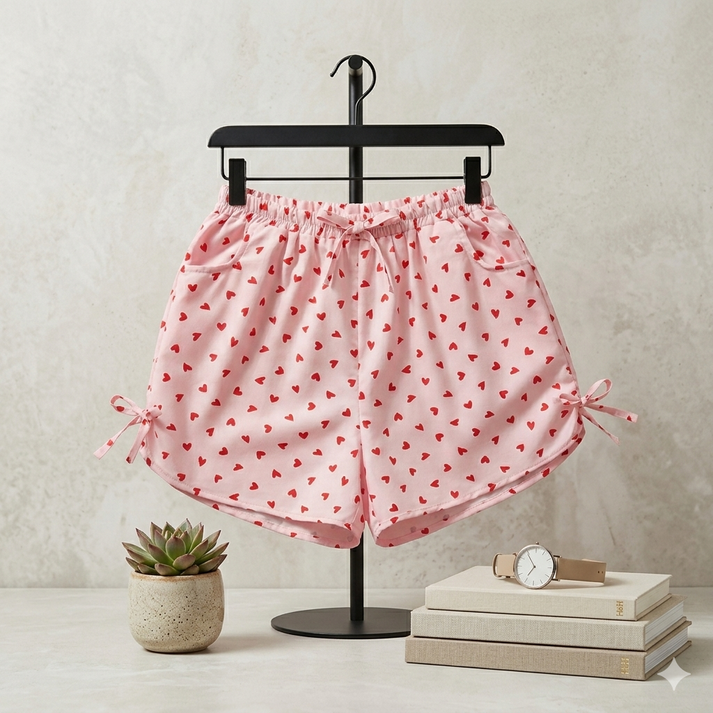 Blush Heart-Print Lounge Shorts with Side-Tie Detailing