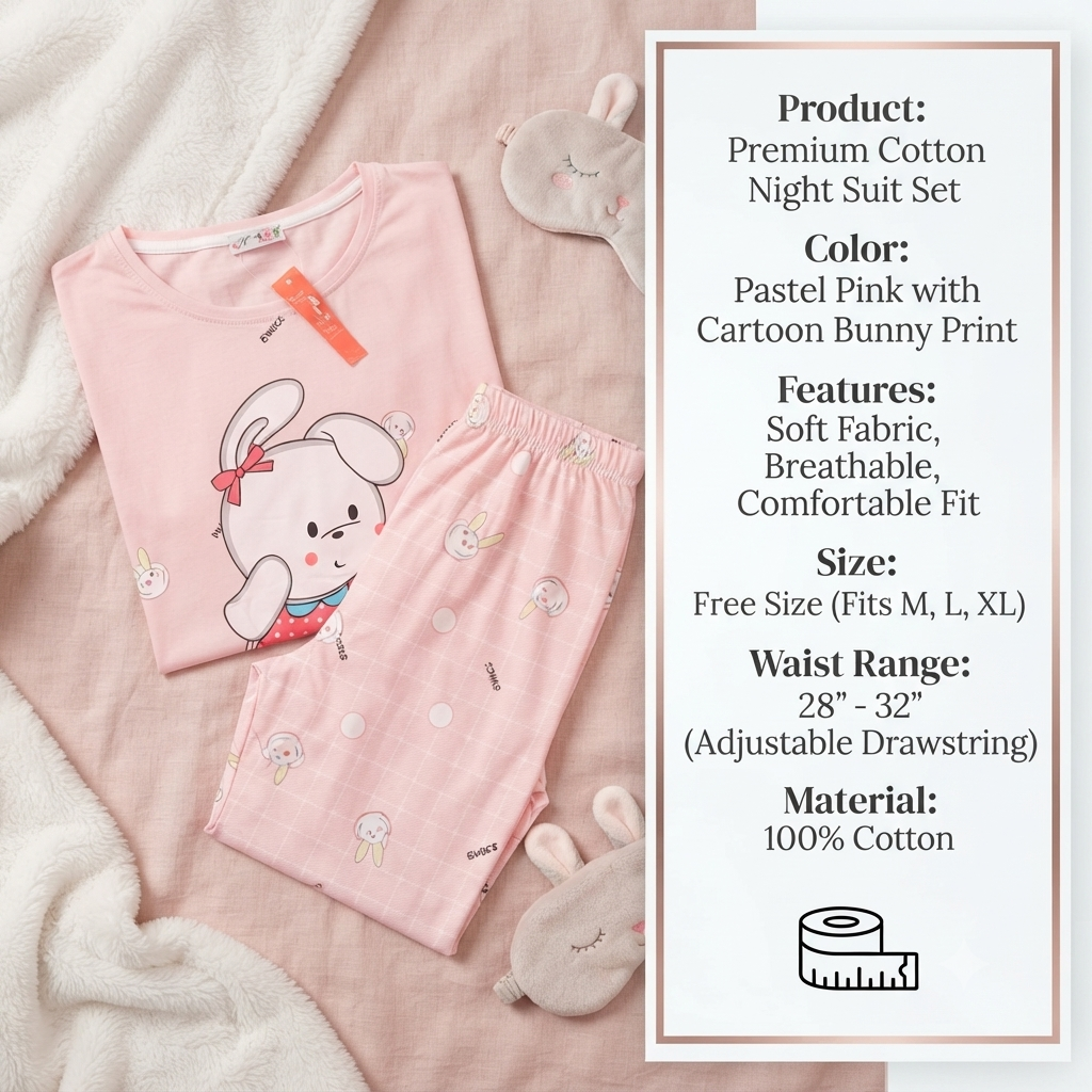 Women’s Cozy Bunny Print Cotton Nightsuit Set – Short Sleeve Top & Pajama Set