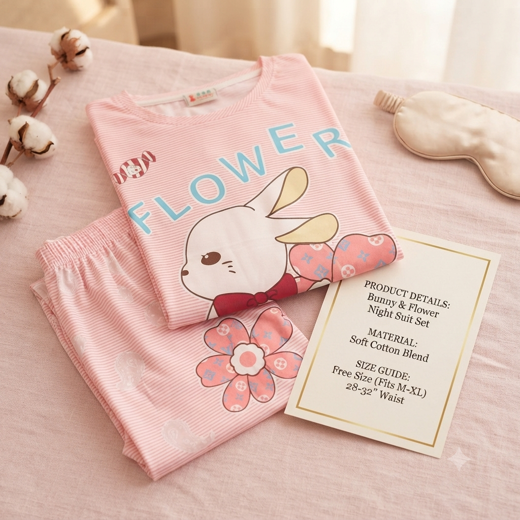 Women's Pink Striped Cotton Blend Nightsuit Set – Cute Bunny & Flower Print Top with Pyjamas