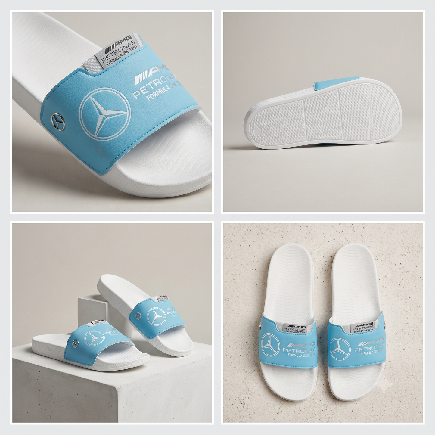 Premium F1 Motorsport Edition Comfort Sliders – White/Cyan