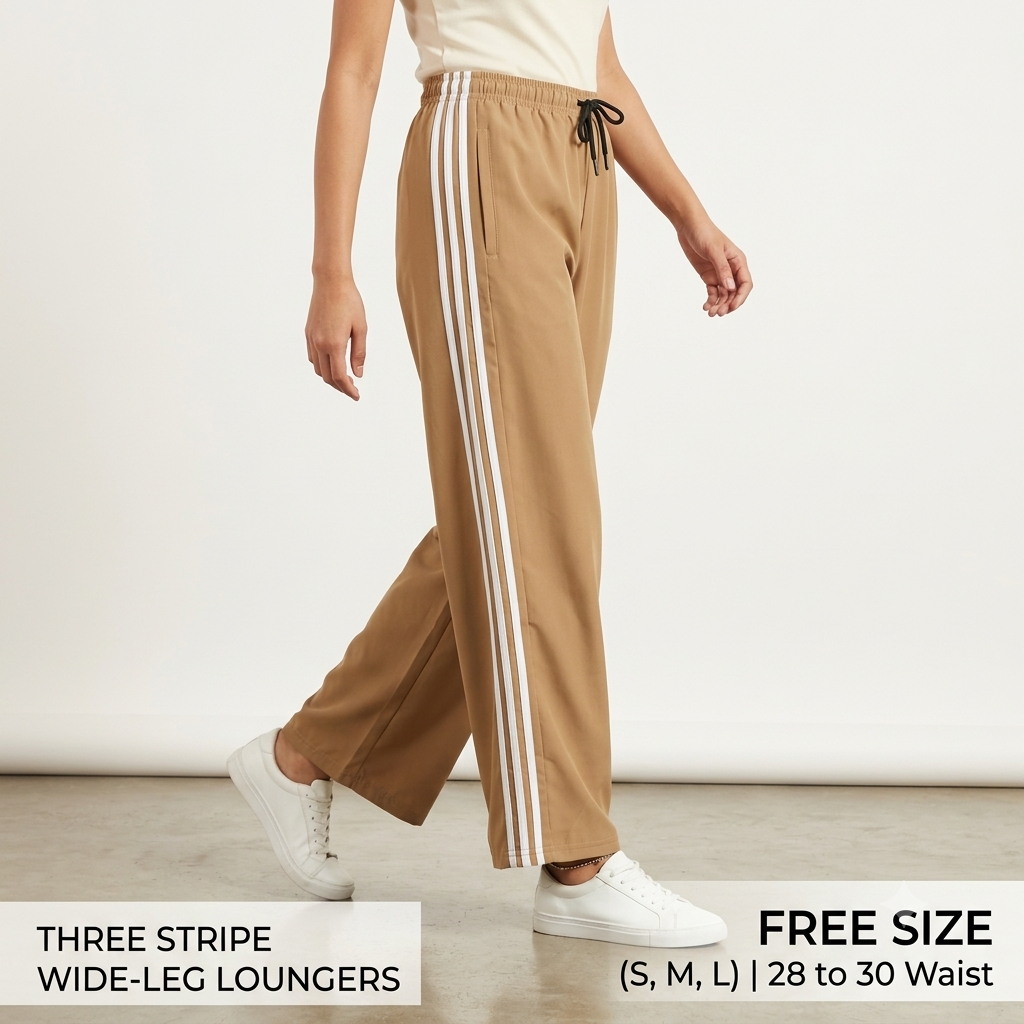 Women's Relaxed-Fit Wide-Leg Lower with Contrast Side Stripes (Beige)