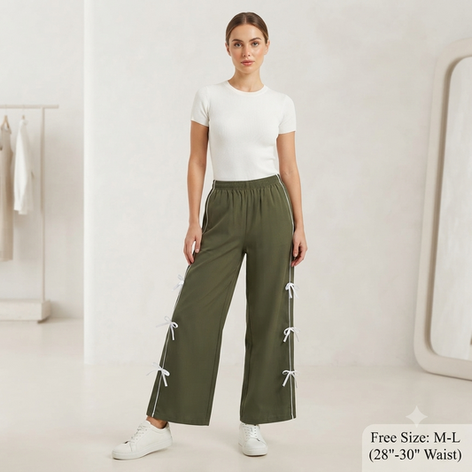Women's Olive Green Wide-Leg Trousers with White Side Bow Accents