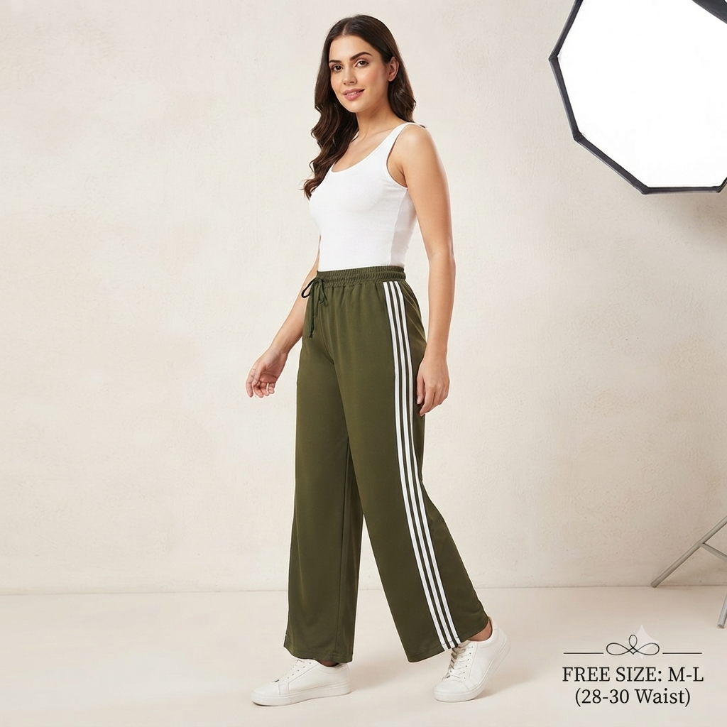 Women’s Olive Green Wide-Leg Track Pants with Side Stripe | High-Waist Casual Lower