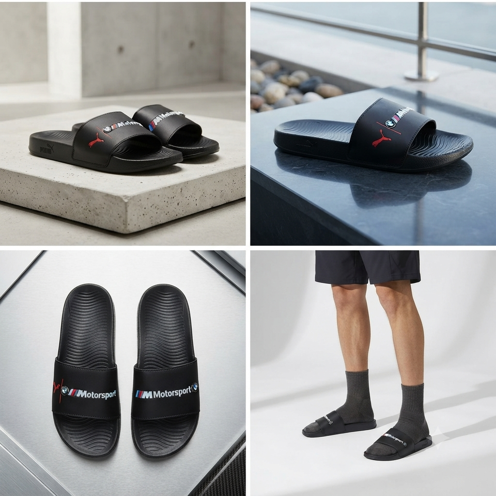 Men’s Premium Motorsport Style Black Slide Slippers – Cushioned Comfort & Anti-Slip Sole