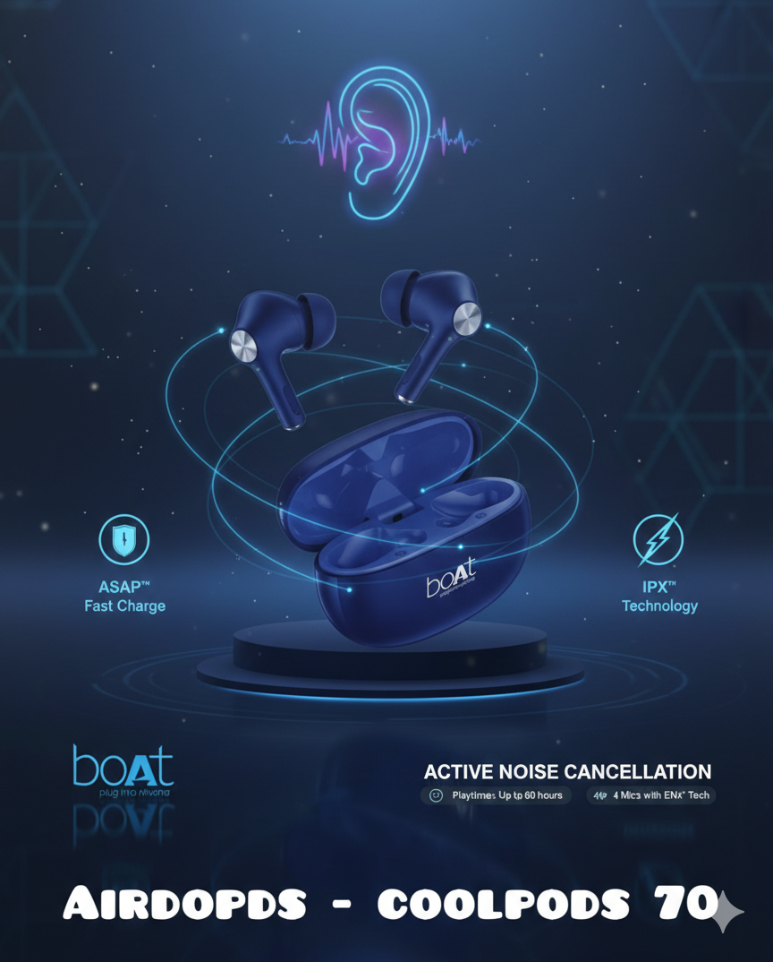 Airdopes Coolpods 70 | Active Noise Cancellation (ANC) | 60 Hours Playtime | 13mm Drivers & Quad Mics with ENx™ Technology | ASAP™ Fast Charge | Blue