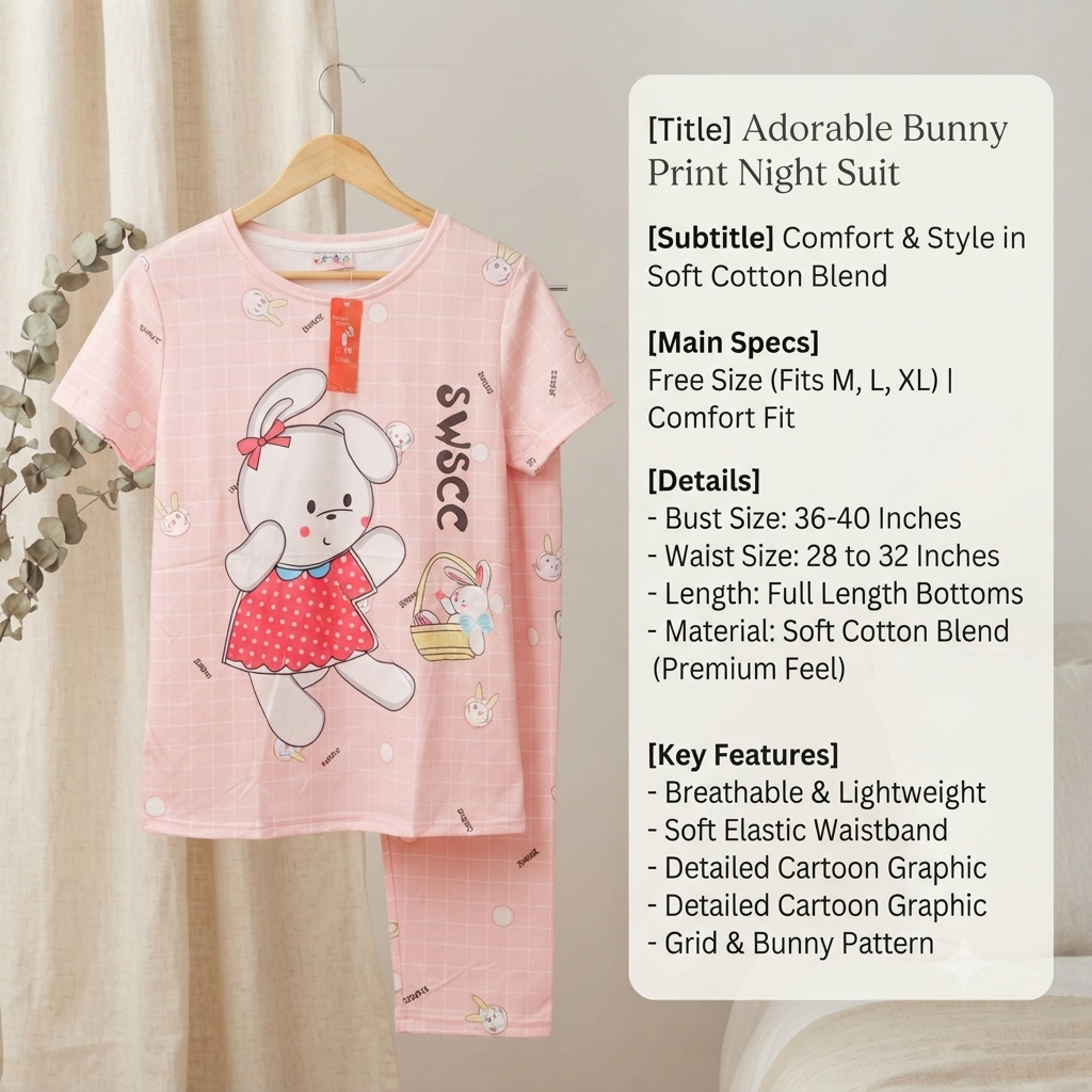 Women’s Cozy Bunny Print Cotton Nightsuit Set – Short Sleeve Top & Pajama Set