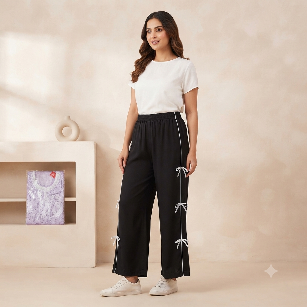 Stylish High-Waist Wide-Leg Lower for Women – Black with White Bow Accent