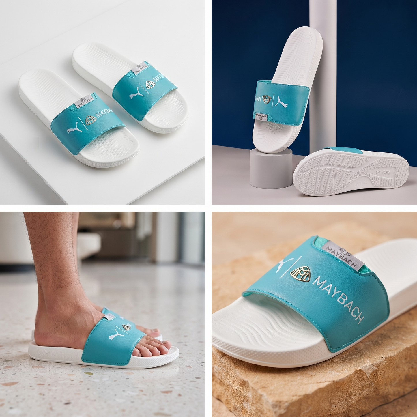 Premium Aqua Blue & White Casual Slide Slippers for Men – Stylish Everyday Comfort