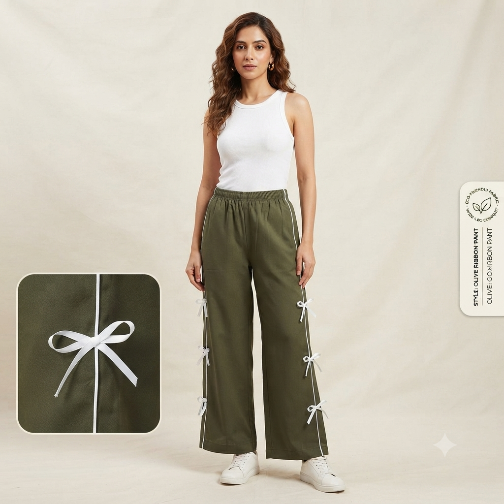 Women's Olive Green Wide-Leg Trousers with White Side Bow Accents