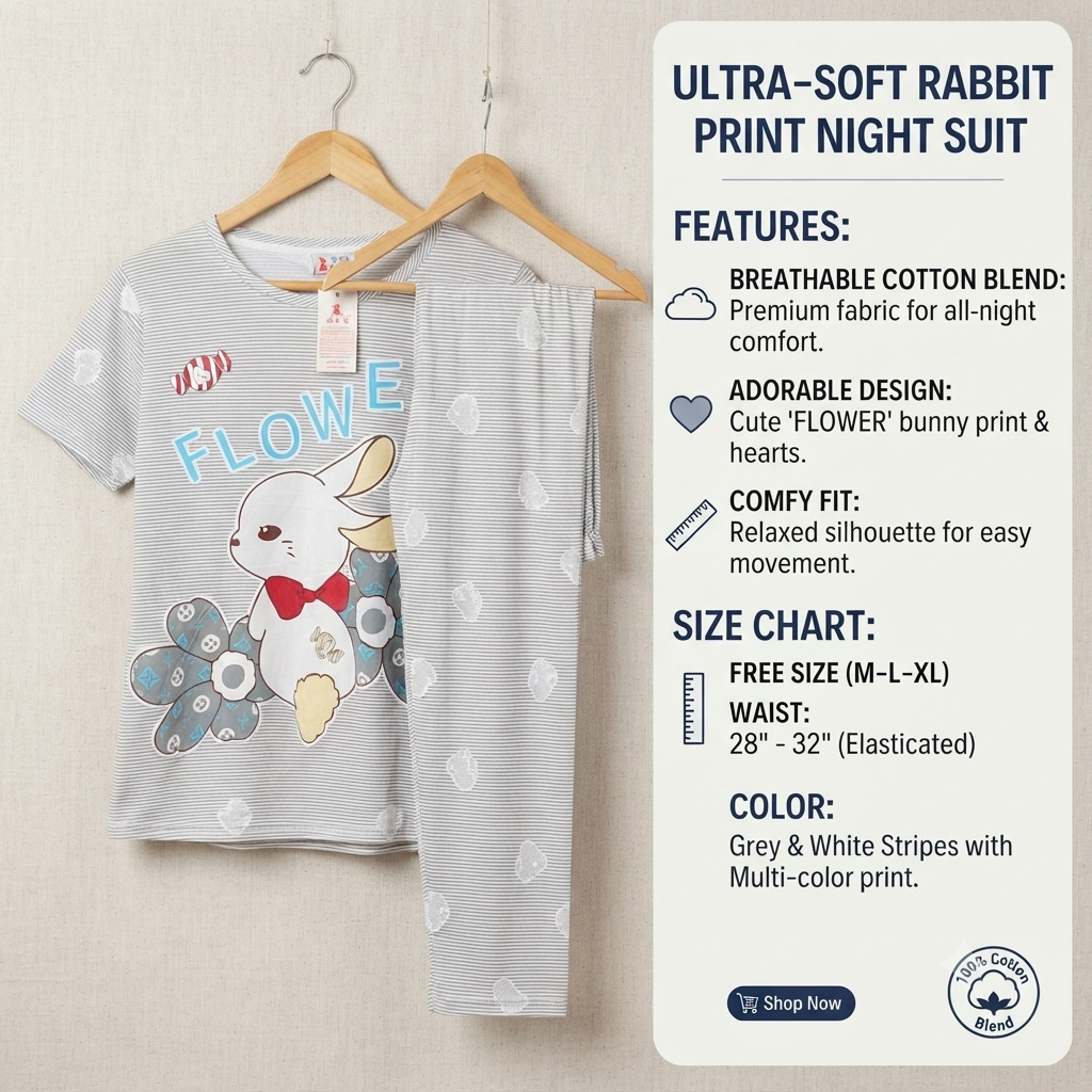 Women's Cute Bunny Print Cotton-Blend Nightwear Set – Round Neck T-Shirt & Pyjama Lounge Set