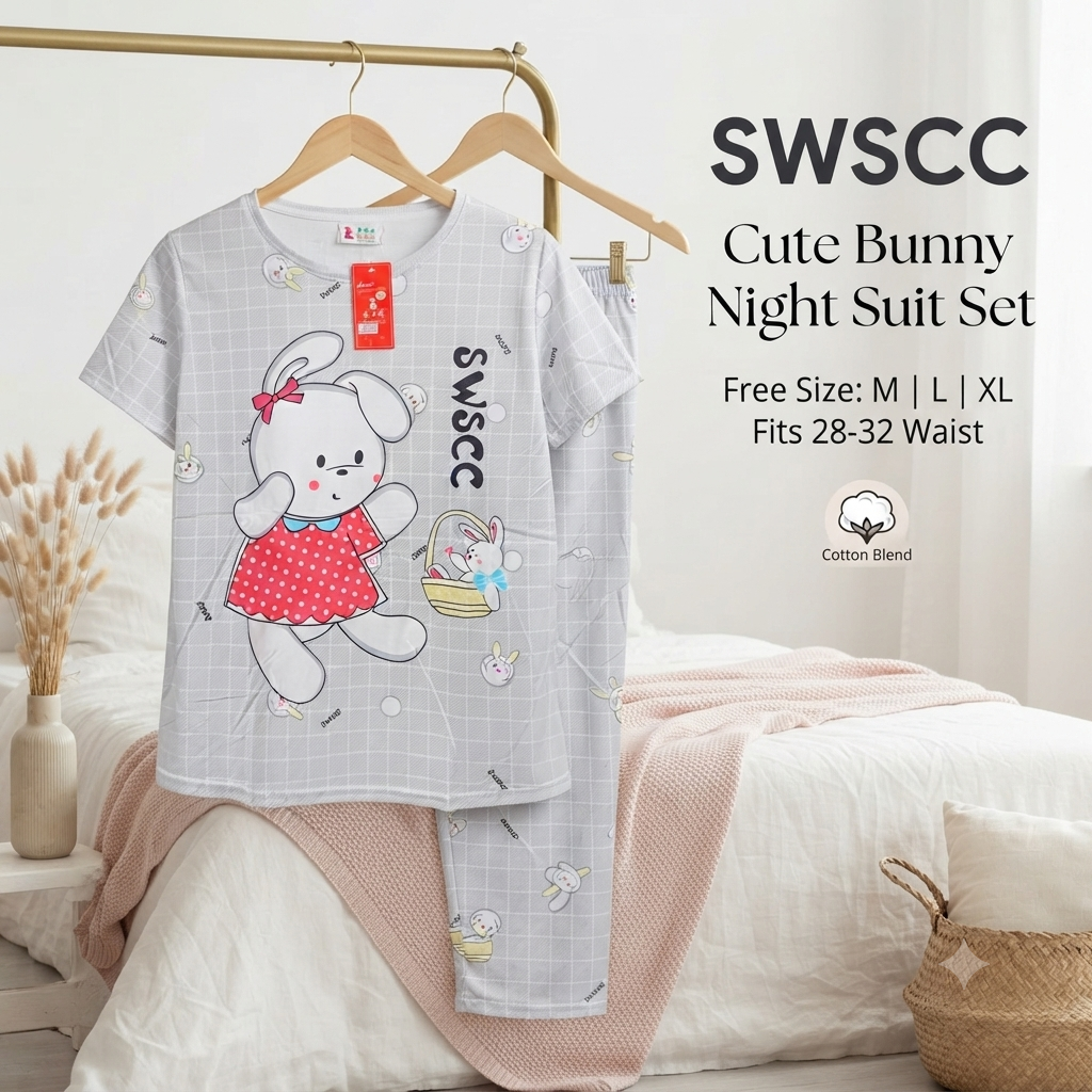 Ultra-Soft Cotton Blend Bunny Graphic Nightsuit for Women | Short Sleeve Top & Pajama Set