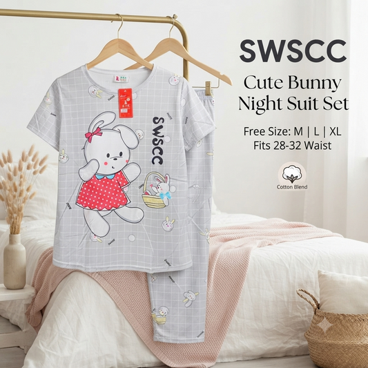 Ultra-Soft Cotton Blend Bunny Graphic Nightsuit for Women | Short Sleeve Top & Pajama Set
