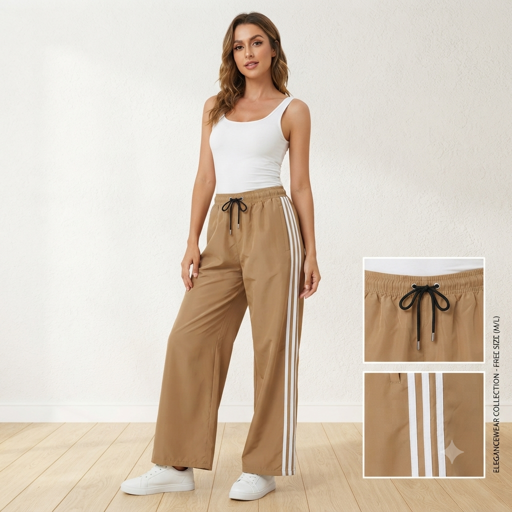 Women's Relaxed-Fit Wide-Leg Lower with Contrast Side Stripes (Beige)