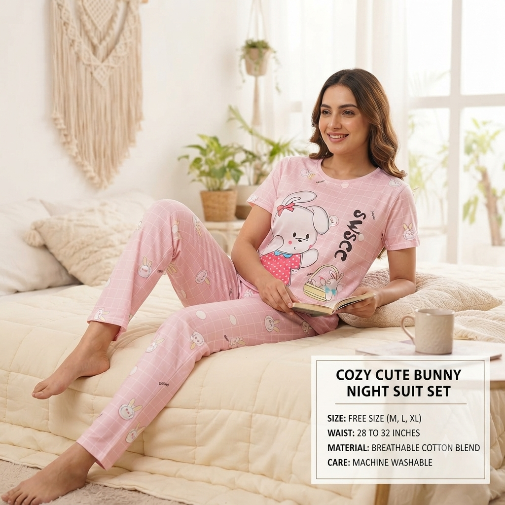 Women’s Cozy Bunny Print Cotton Nightsuit Set – Short Sleeve Top & Pajama Set