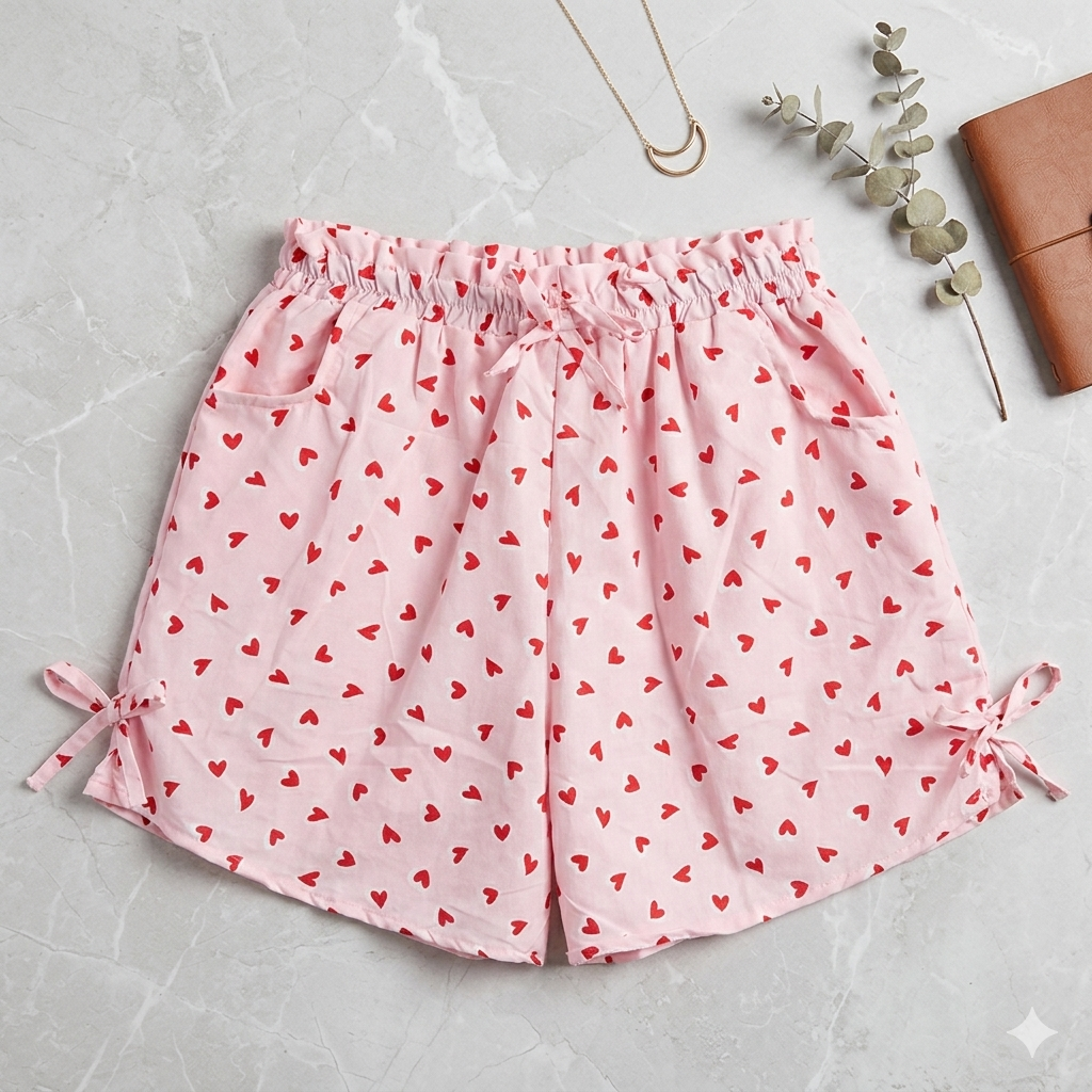 Blush Heart-Print Lounge Shorts with Side-Tie Detailing