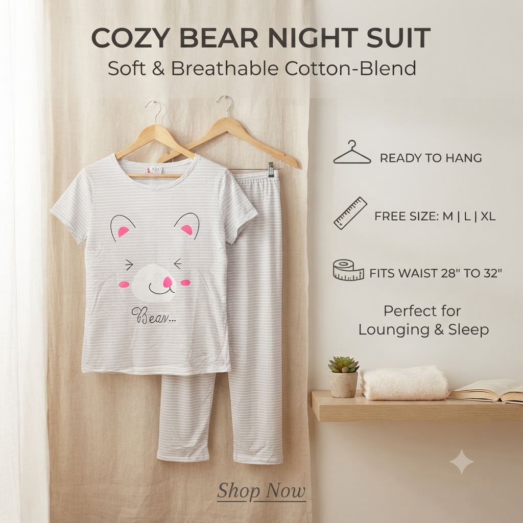 Women’s Cozy Bear Print Cotton-Blend Nightsuit | Soft Striped T-Shirt & Pyjama Lounge Set