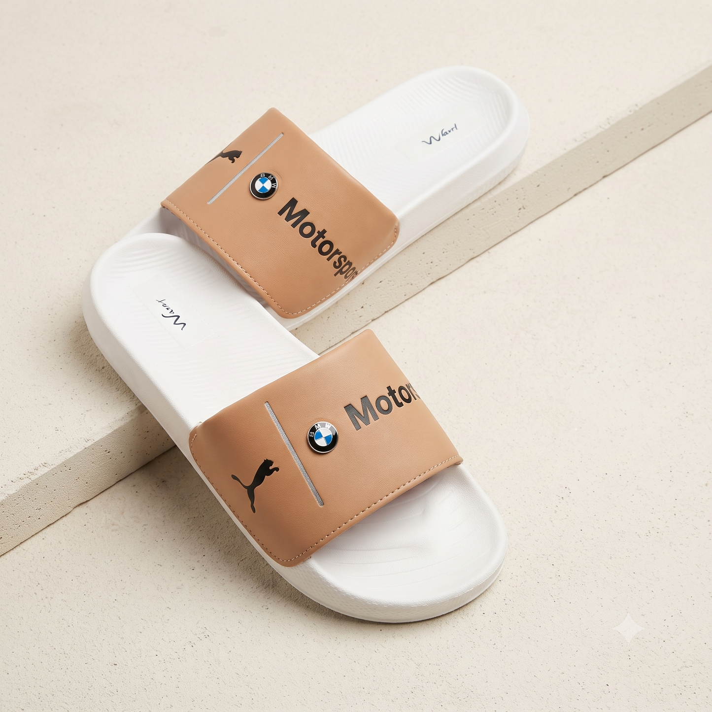 Premium White & Tan Motorsport-Inspired Casual Slides for Men | Stylish Everyday Slip-On Sandals