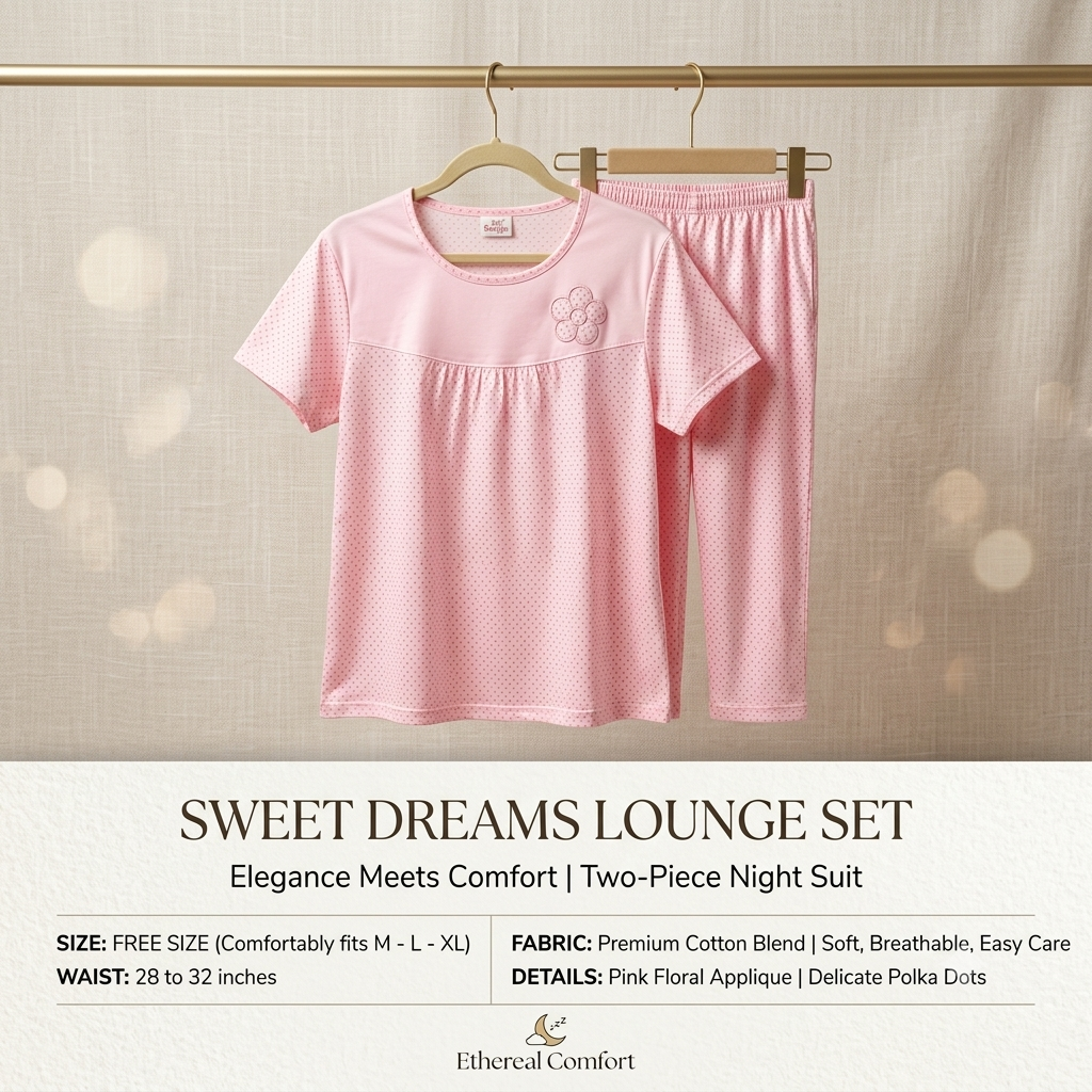 Women's Soft Cotton Polka Dot Nightsuit Set – Short Sleeve Top & Pajamas (Free Size)