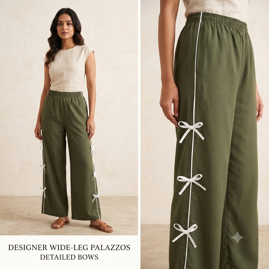 Women's Olive Green Wide-Leg Trousers with White Side Bow Accents