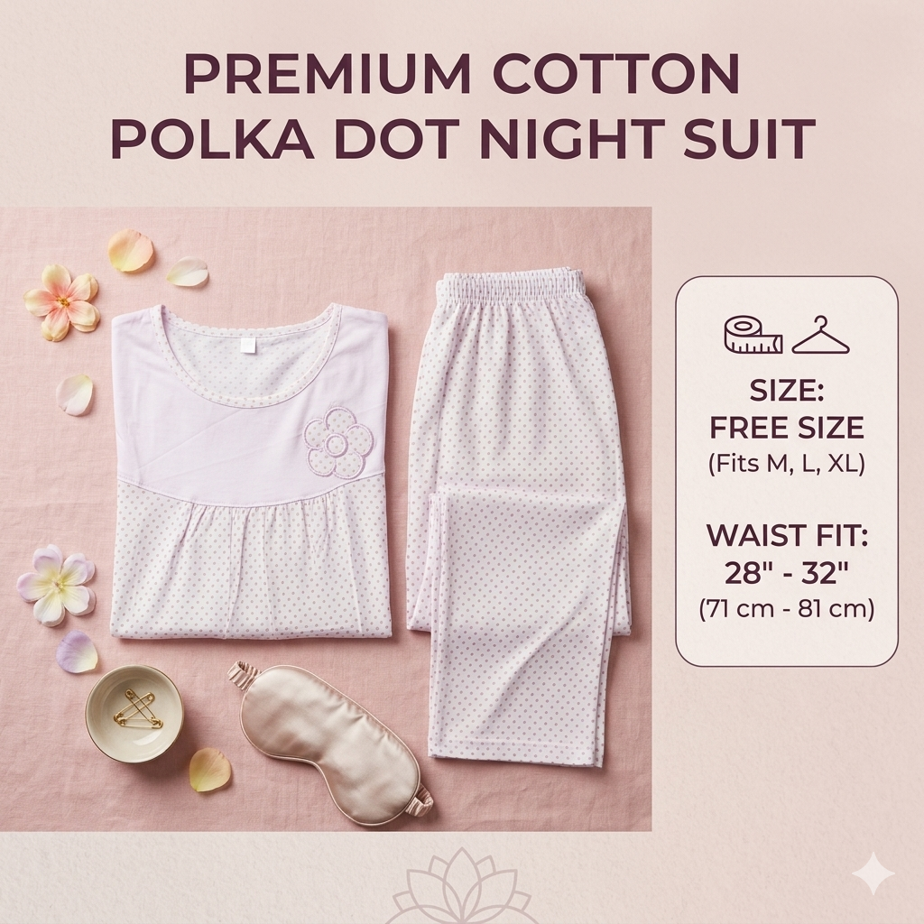 Soft Floral Accent Polka Print Loungewear Set for Women – Breathable Cotton Nightsuit