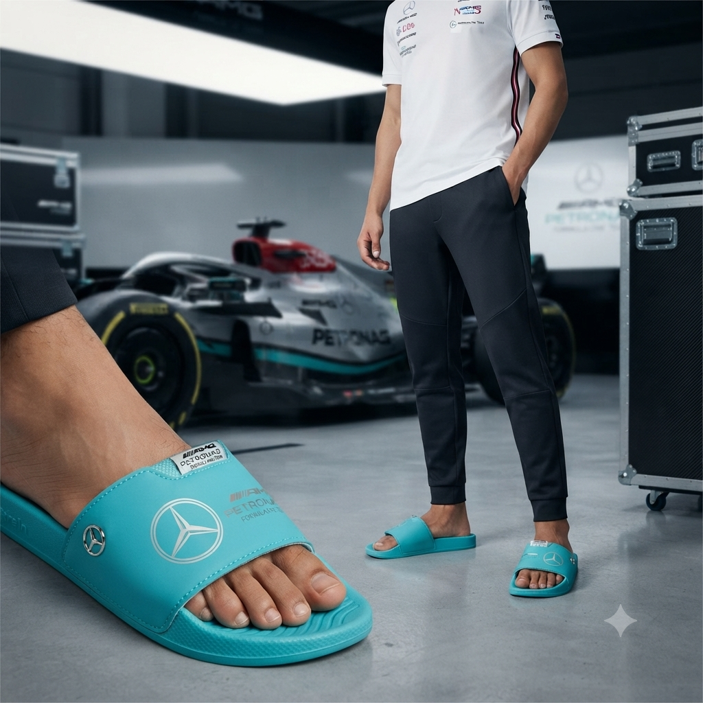Premium Motorsport Unisex Comfort Sliders | AMG Petronas F1 Branding - Cyan