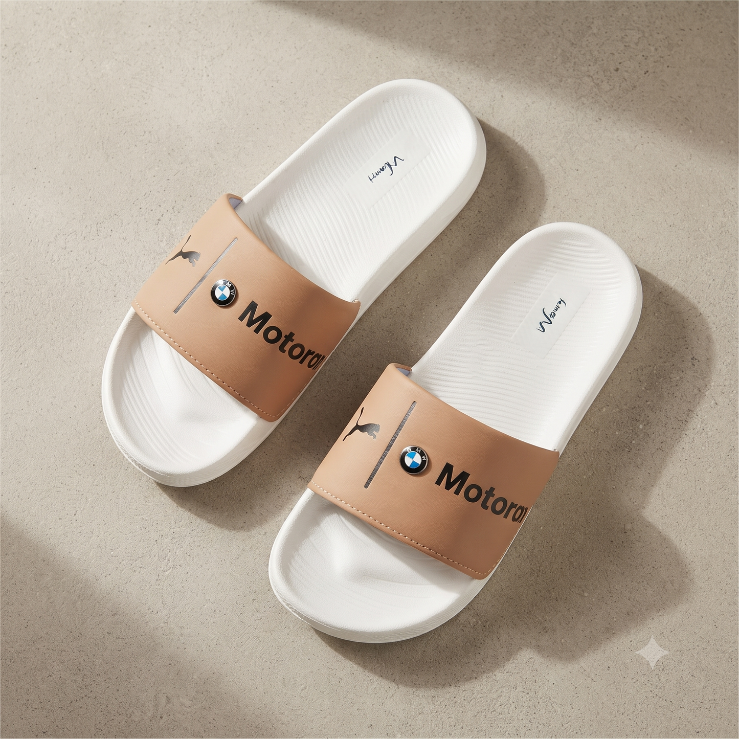 Premium White & Tan Motorsport-Inspired Casual Slides for Men | Stylish Everyday Slip-On Sandals